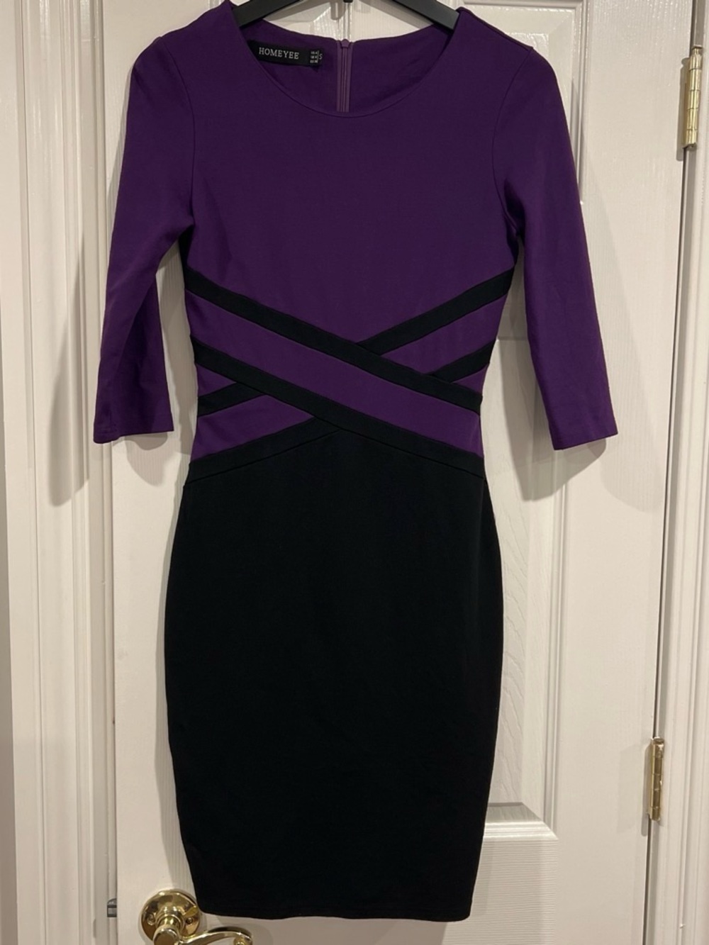 Homeyee Purple and Black Cross-Waist Midi Dress